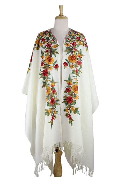 Valley of the Flowers Ample White Wool Cape with Chain Stitch Floral Embroidery