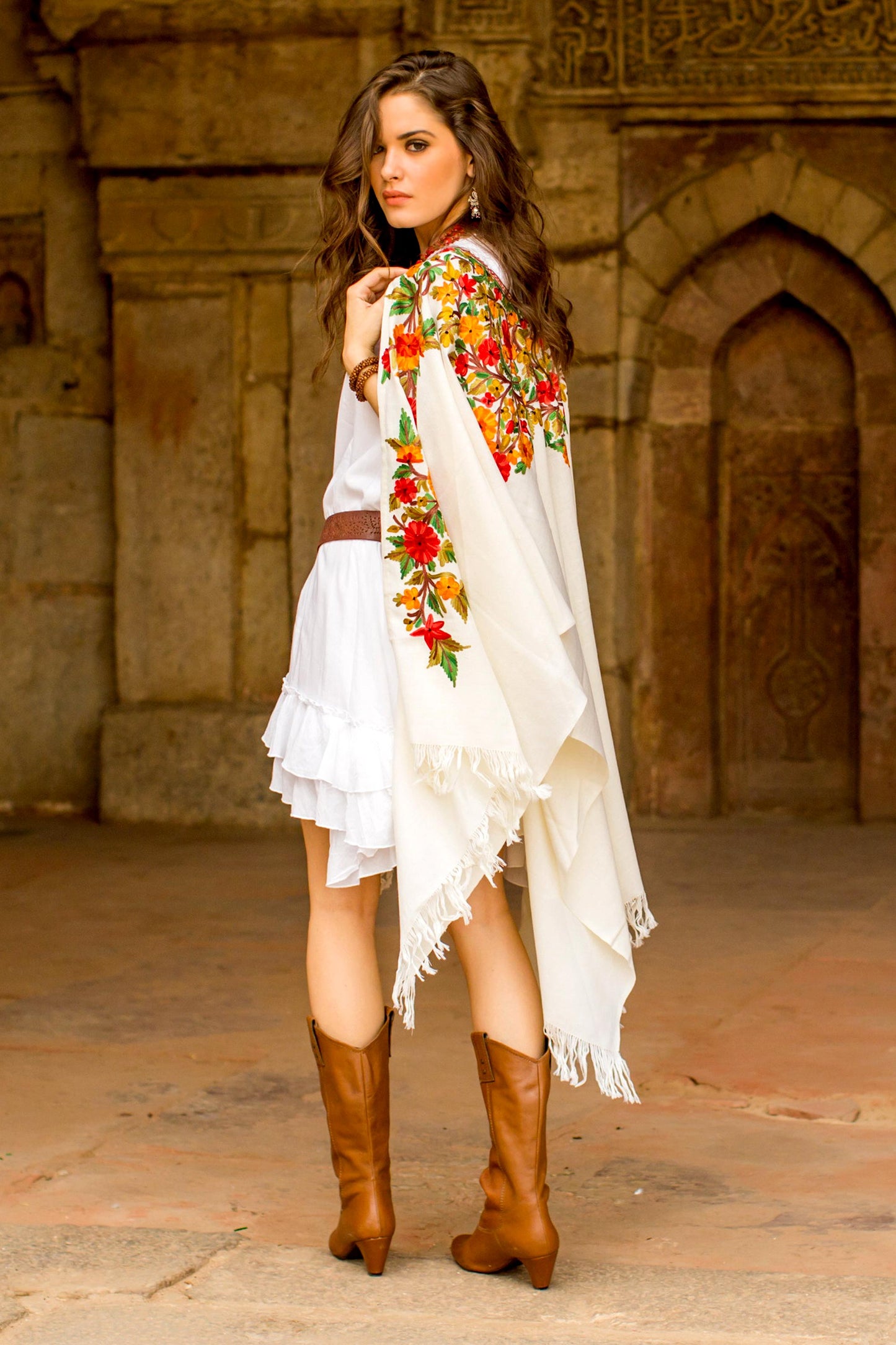 Valley of the Flowers Ample White Wool Cape with Chain Stitch Floral Embroidery