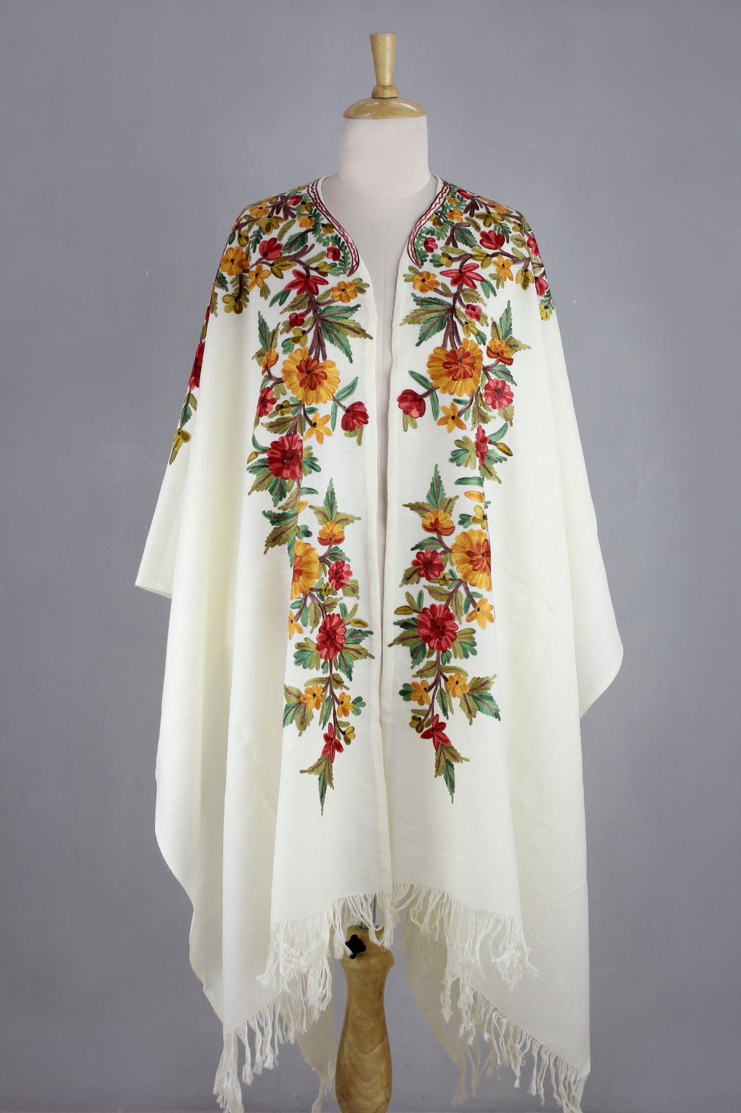 Valley of the Flowers Ample White Wool Cape with Chain Stitch Floral Embroidery