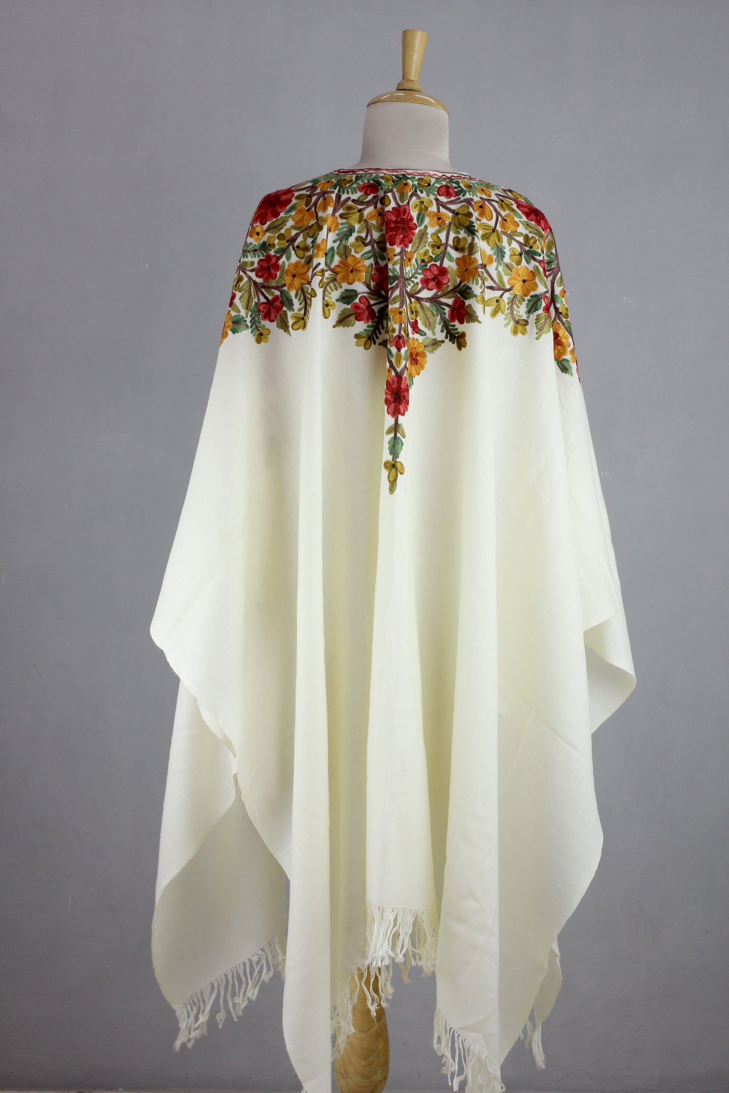 Valley of the Flowers Ample White Wool Cape with Chain Stitch Floral Embroidery