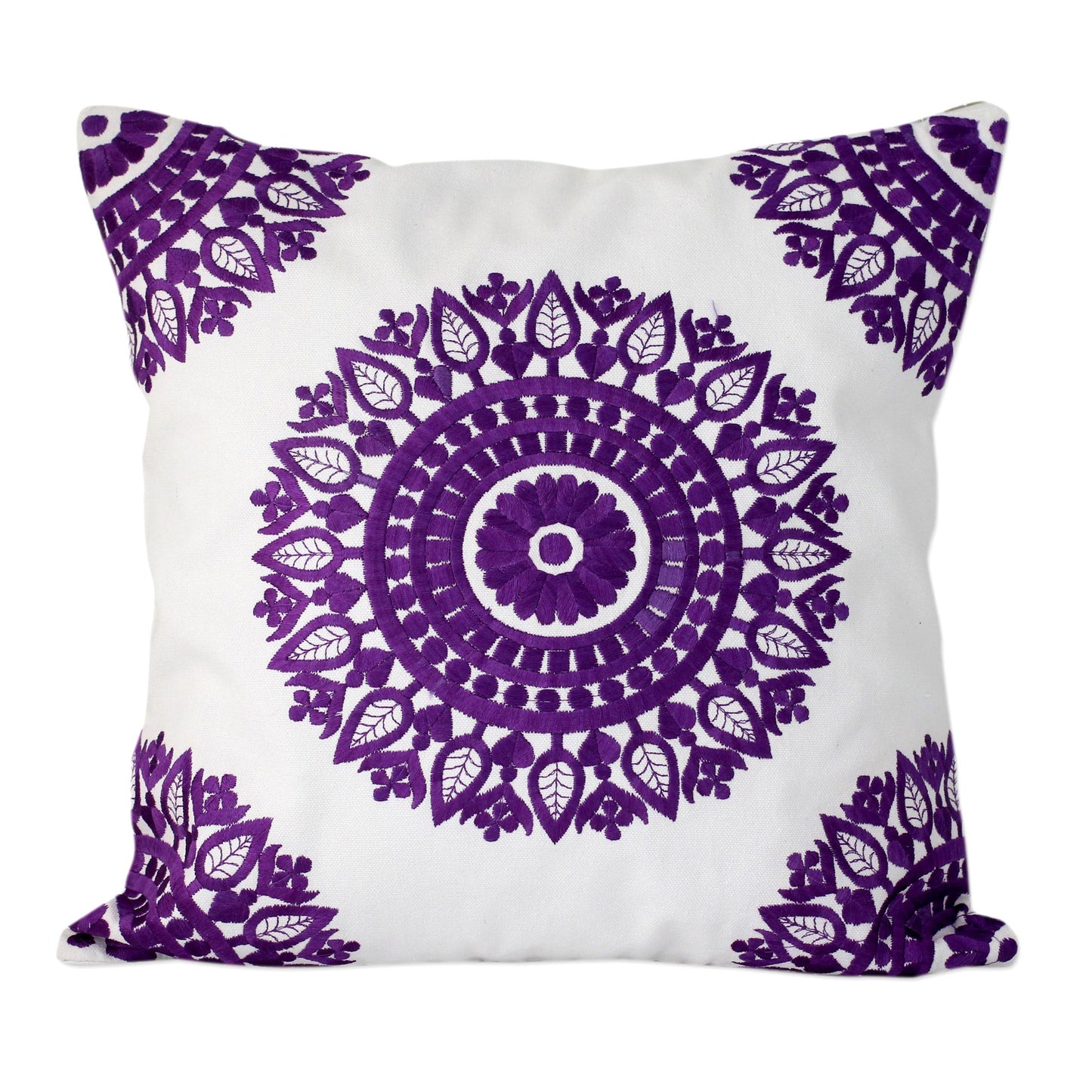 Amethyst Mandalas Embroidered Purple on White Cushion Covers from India (Pair)