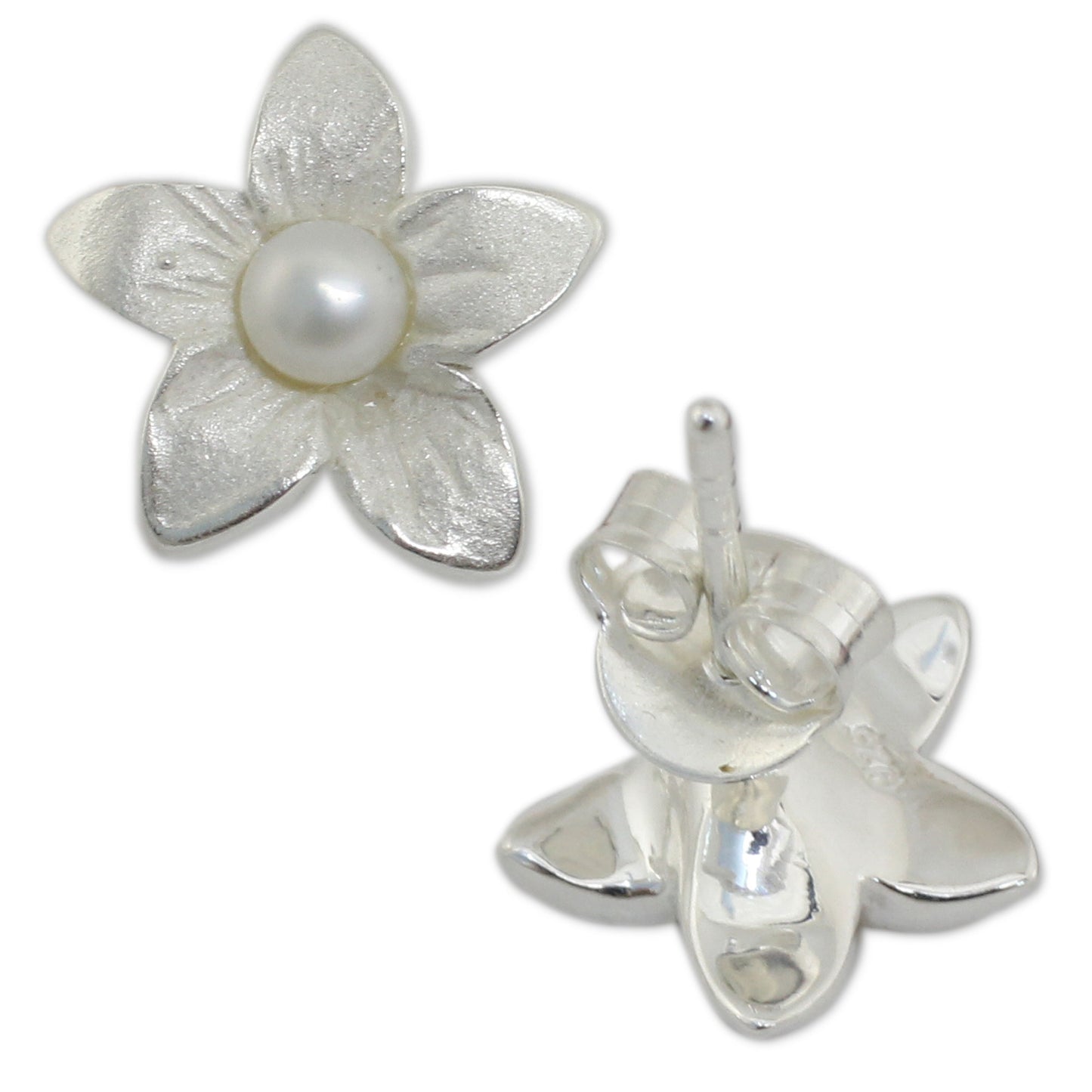 Blossom Pearl Silver Flower Button Earrings