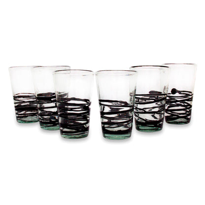 Ebony Spin Set of 6 Hand Blown Black Spiral Glass Tumblers from Mexico