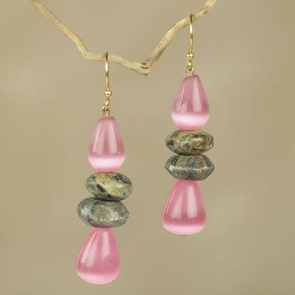 Odefo Fair Trade African Beaded Earrings with Pink Cat's Eye