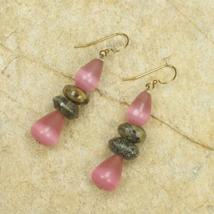 Odefo Fair Trade African Beaded Earrings with Pink Cat's Eye