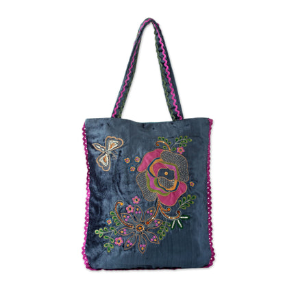 Butterfly Garden Velvet Applique Shoulder Bag with Embroidery and Sequins