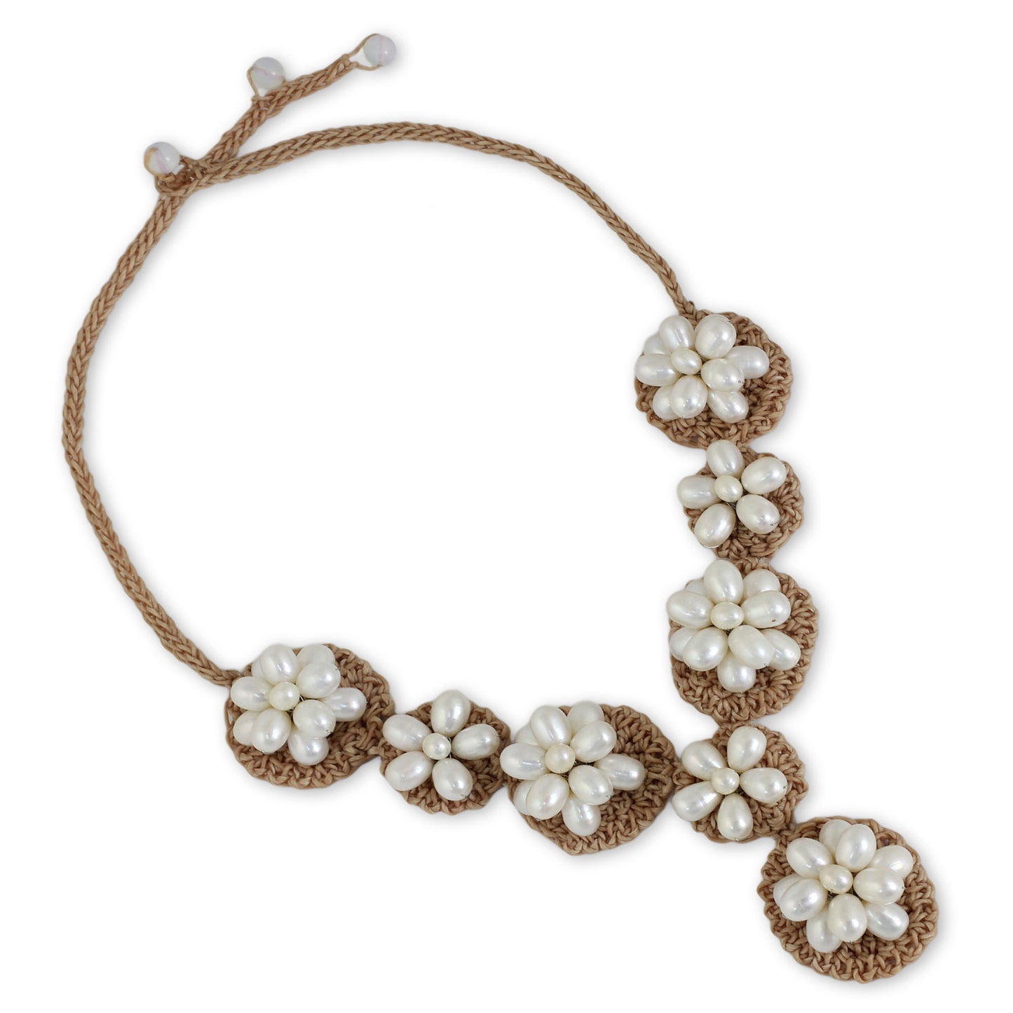 Floral Garland in White Handmade Pearl Flower Necklace on Crocheted Cords