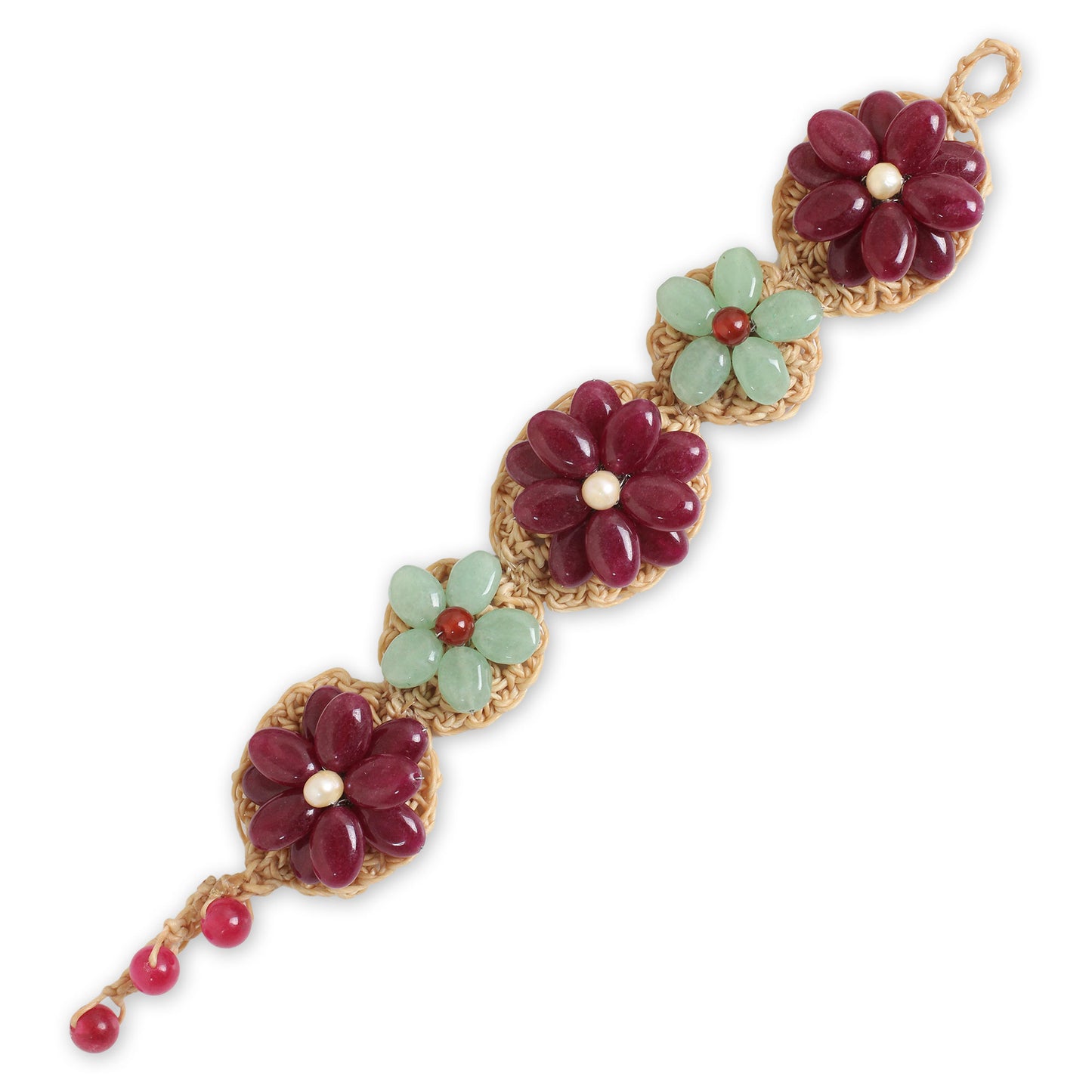 Floral Garland in Berry Deep Pink and Green Quartz Crocheted Flower Bracelet