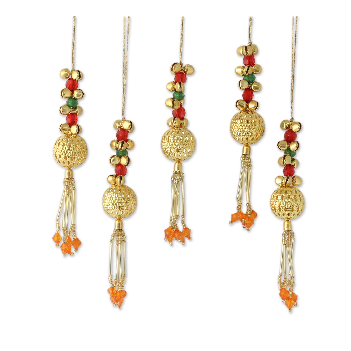 Jingle Bells Set of 5 Handcrafted Beaded Brass Bell Christmas Ornaments