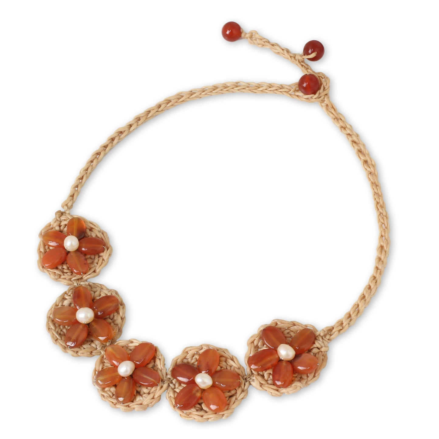 Blossoming Rhyme Hand Crocheted Flower Necklace with Carnelians and Pearls