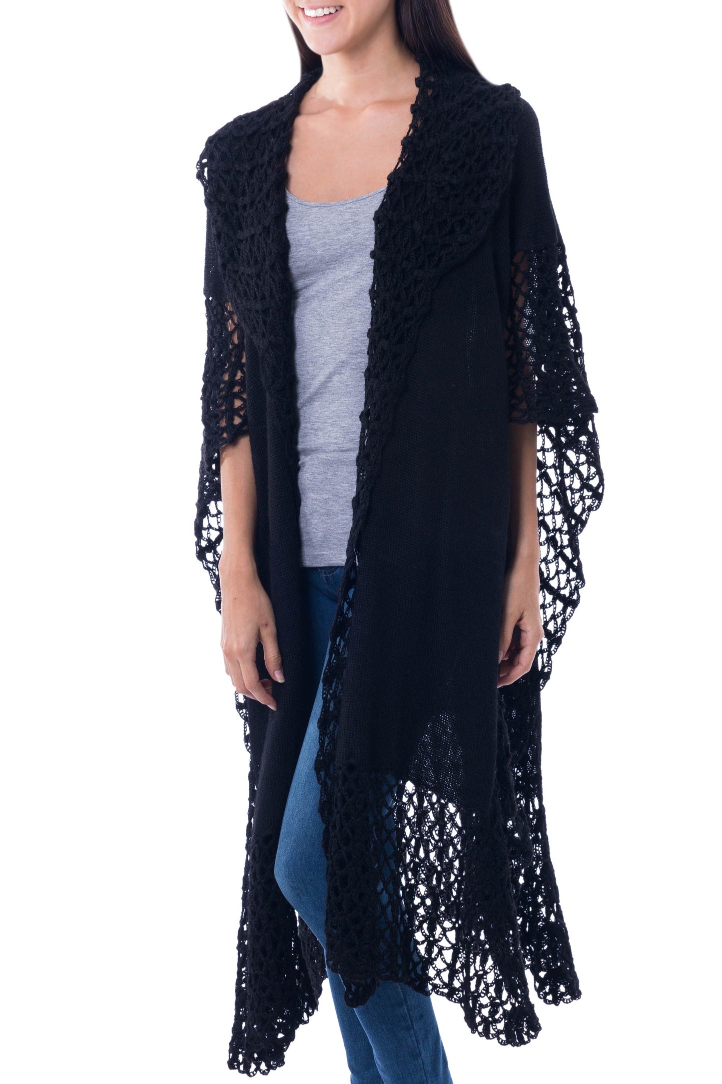 Ebony Whisper Lacy Knitted Black 100% Alpaca Long Kimono Cape from Peru