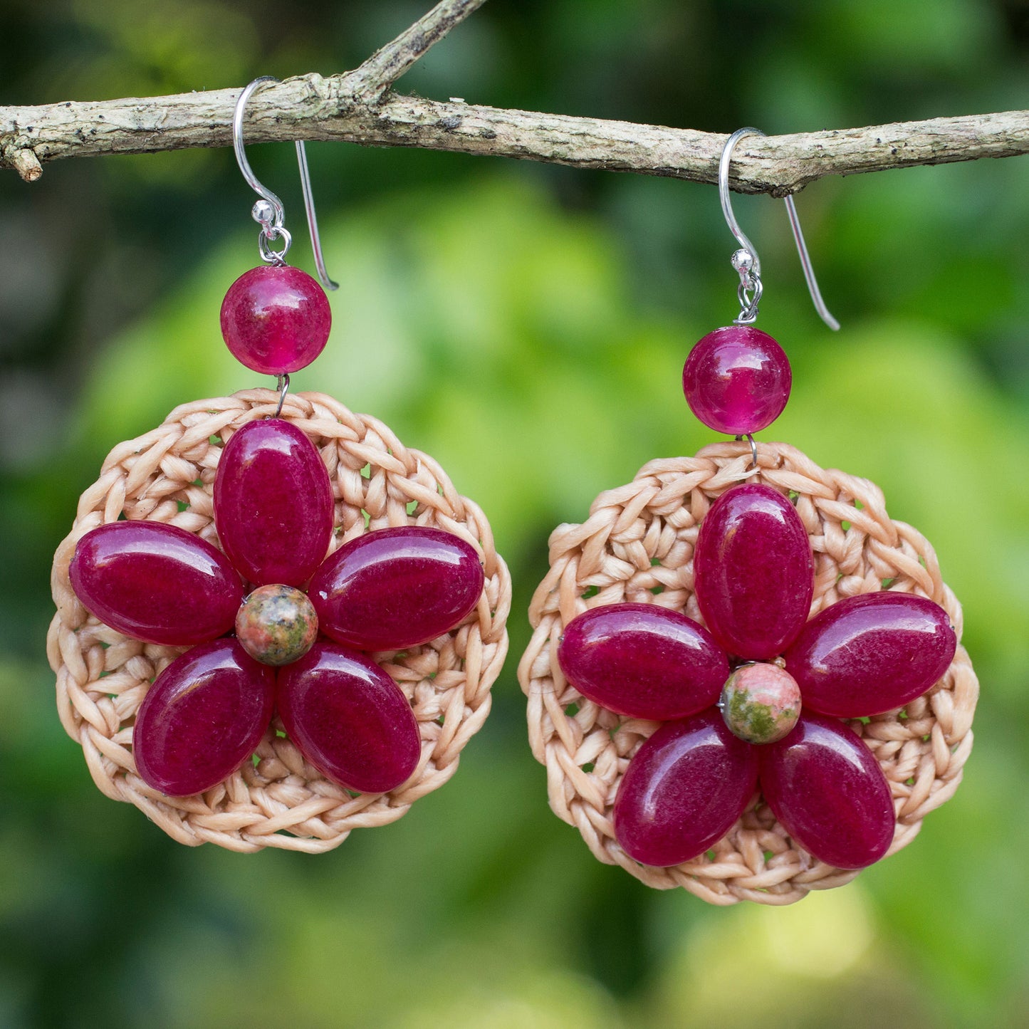 Blossoming Stargazer Artisan Crafted Earrings with Dark Pink Gemstone Flower