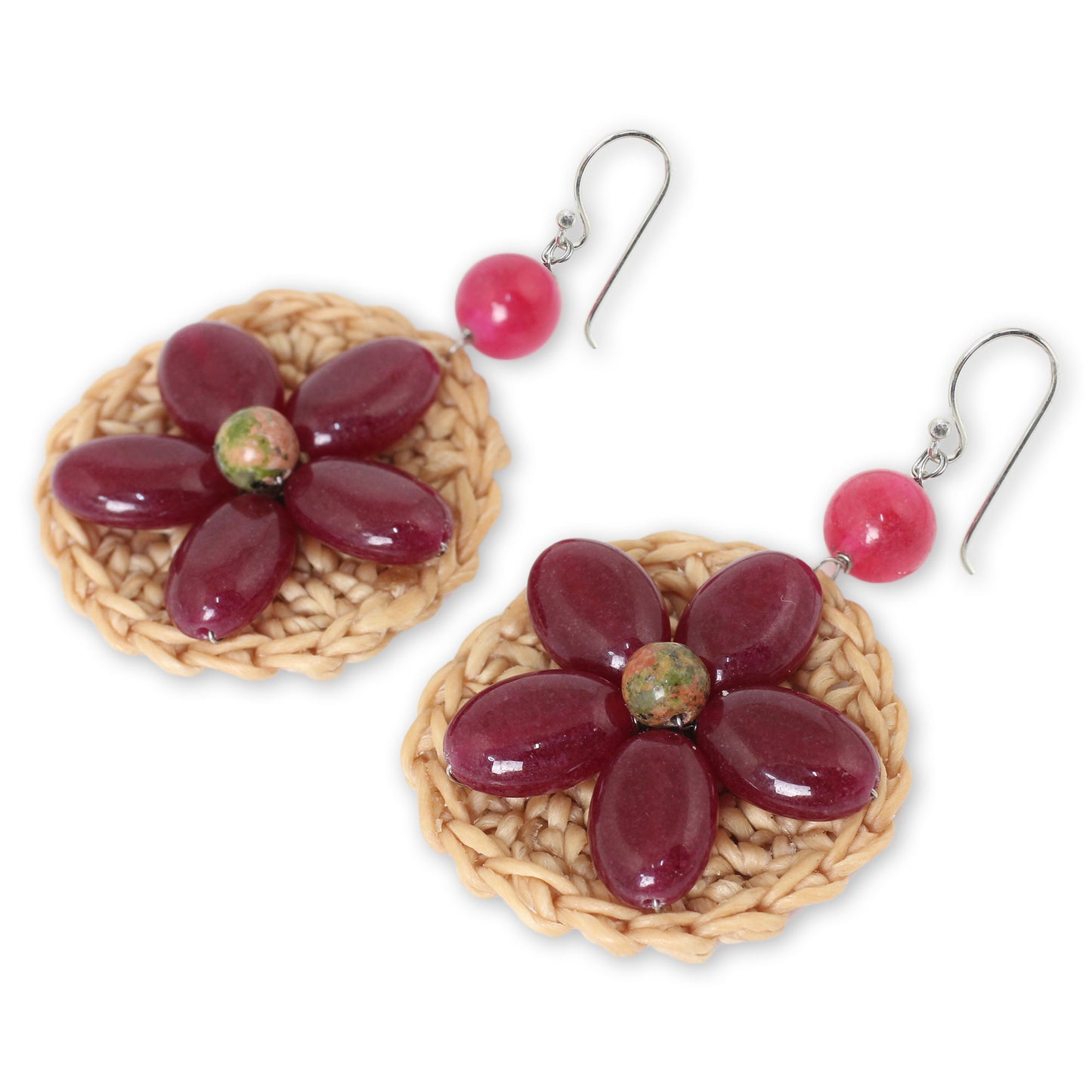 Blossoming Stargazer Artisan Crafted Earrings with Dark Pink Gemstone Flower