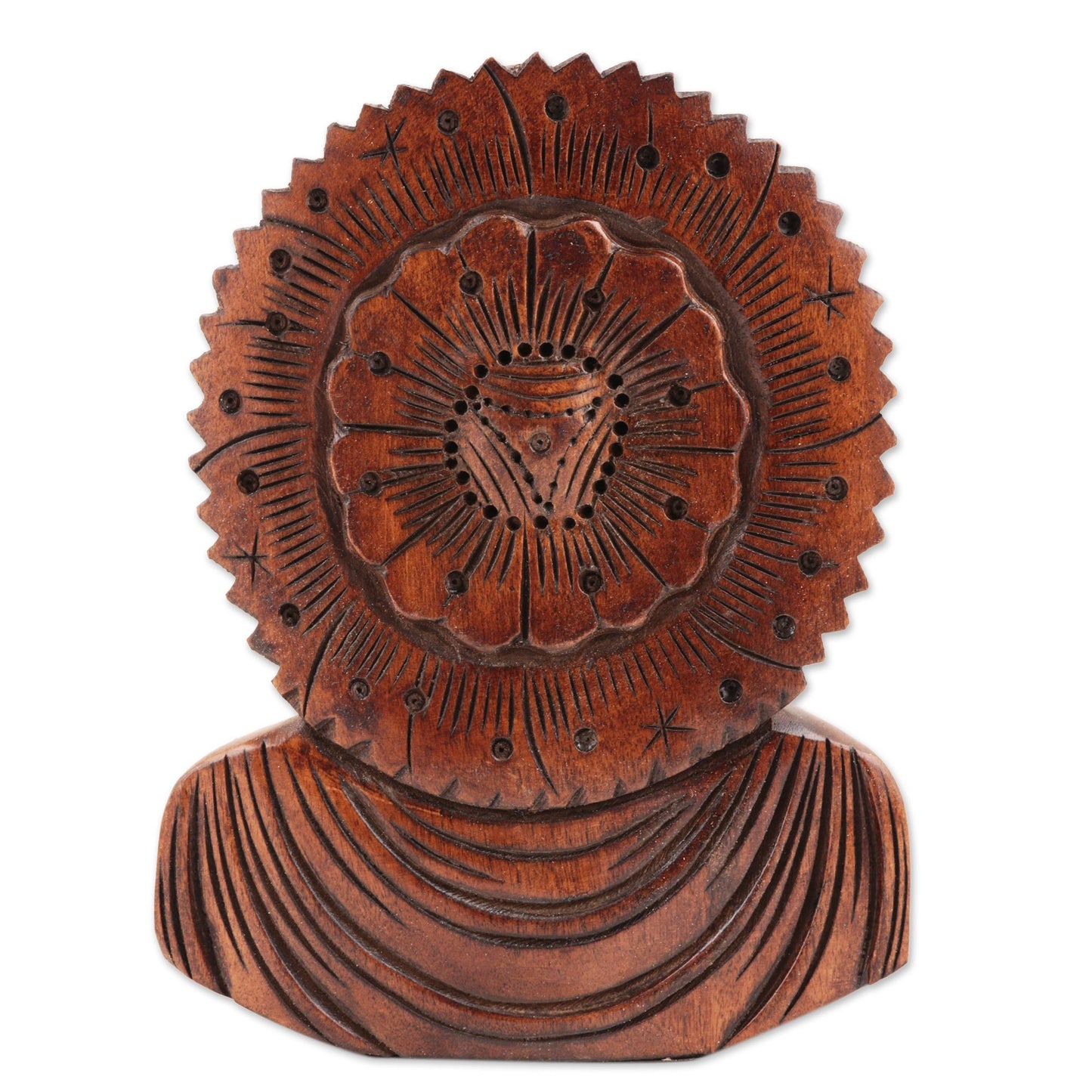 Peaceful Indian Buddha Vividly Hand Carved Wood Buddhist Antiqued Sculpture