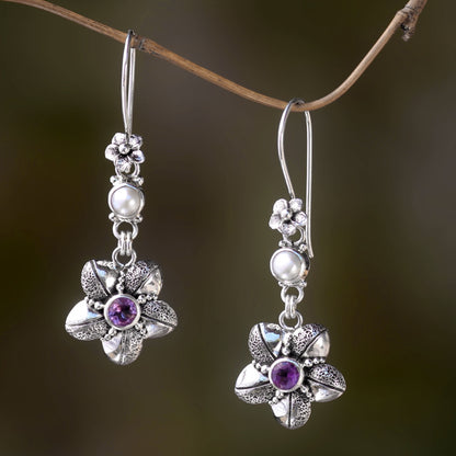 Rainforest Blossom Silver Flower Earrings with Amethyst and Cultured Pearl