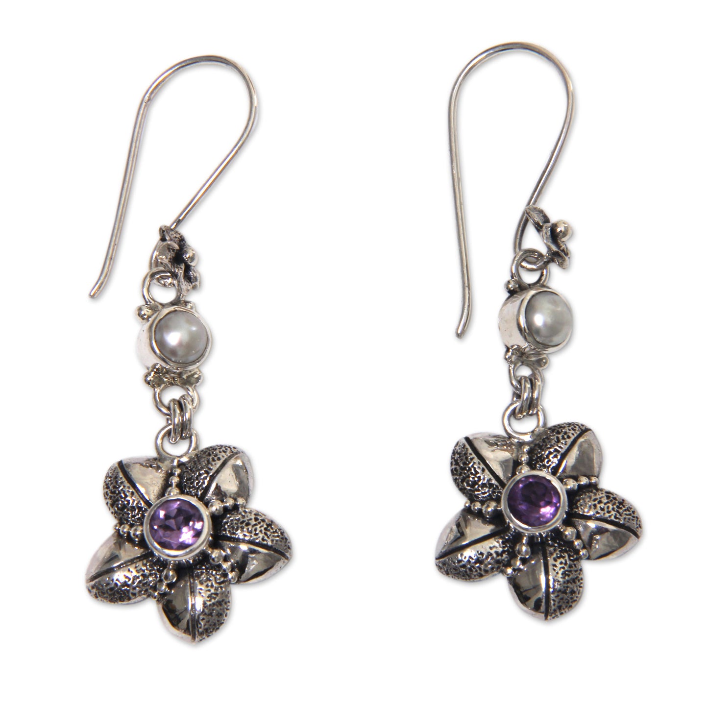 Rainforest Blossom Silver Flower Earrings with Amethyst and Cultured Pearl