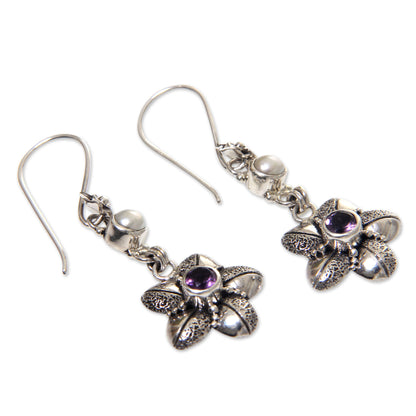 Rainforest Blossom Silver Flower Earrings with Amethyst and Cultured Pearl