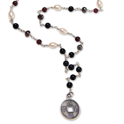 Ebony and Crimson Pis Bolong Sterling Silver, Onyx, Garnet and Pearl Y-Style Necklace