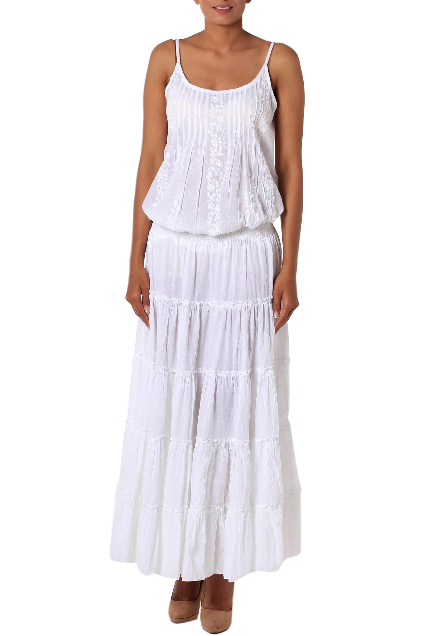 Frilly White Unlined Semi-Sheer Tiered White Cotton Skirt