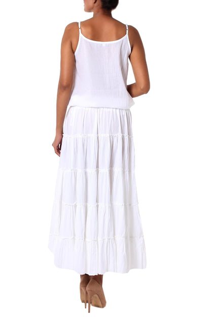 Frilly White Unlined Semi-Sheer Tiered White Cotton Skirt