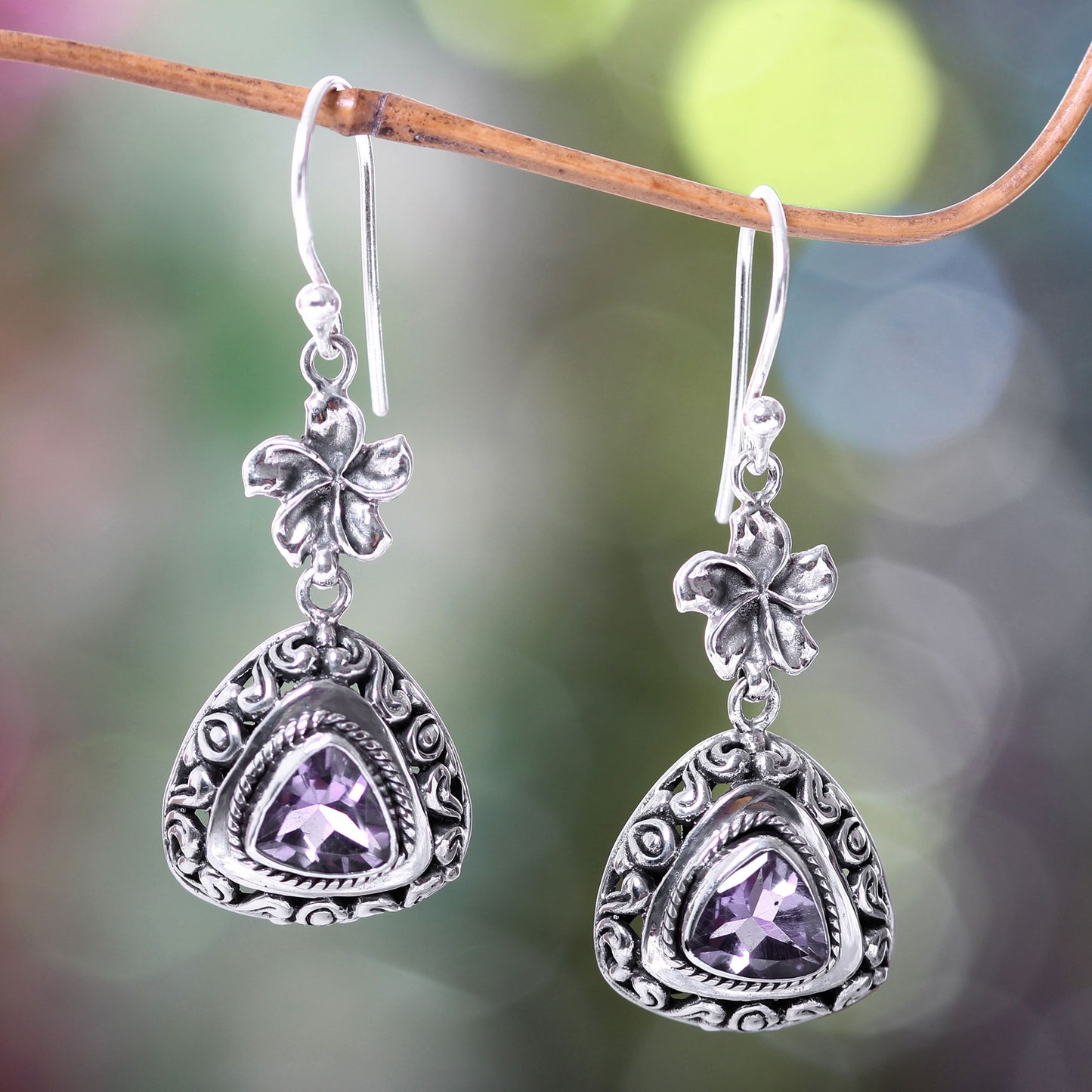 Purple Plumeria Sterling Silver Flower Dangle Earrings with Amethysts