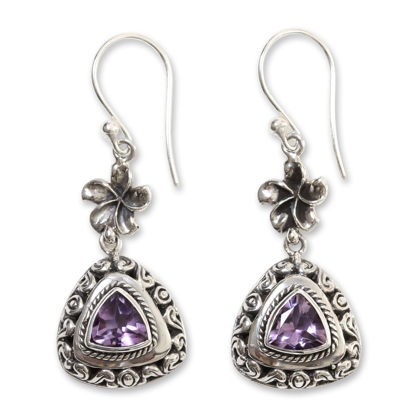 Purple Plumeria Sterling Silver Flower Dangle Earrings with Amethysts