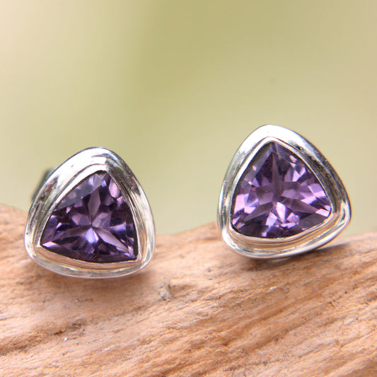 Purple Trinity Artisan Crafted Amethyst and Sterling Silver Stud Earrings