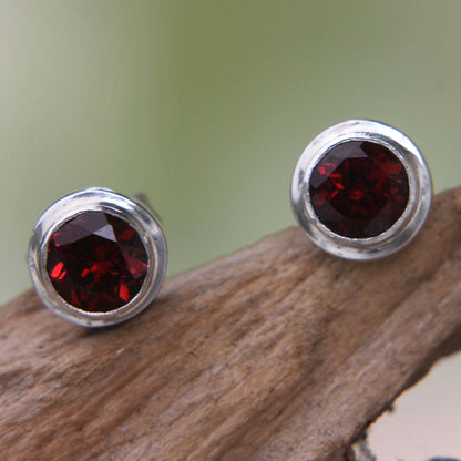 Red Simplicity Genuine Garnet and Sterling Silver Stud Earrings from Bali