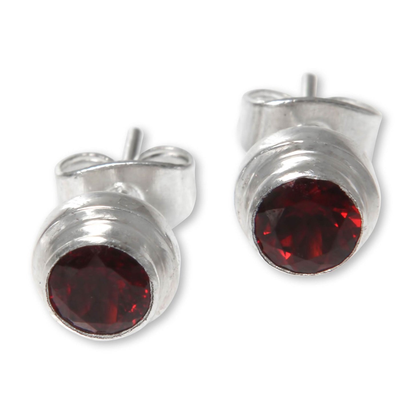 Red Simplicity Genuine Garnet and Sterling Silver Stud Earrings from Bali