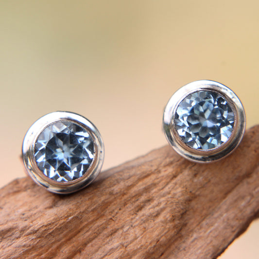 Blue Simplicity Classic Blue Topaz and Sterling Silver Round Stud Earrings