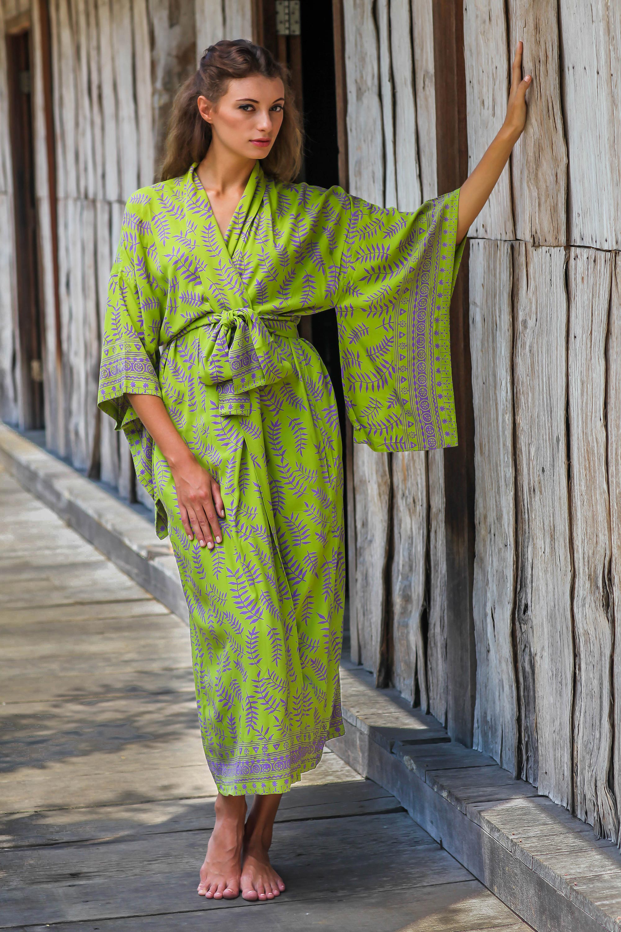 NOVICA Tropical Fern Forest Balinese Green and Purple Fern Leaf Rayon Kimono  Style Robe
