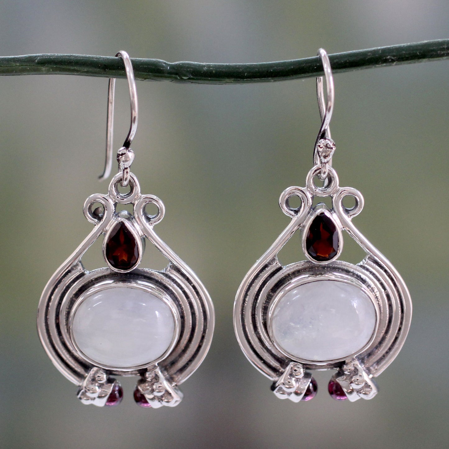 Mysterious Mist Handmade Rainbow Moonstone and Garnet Earrings