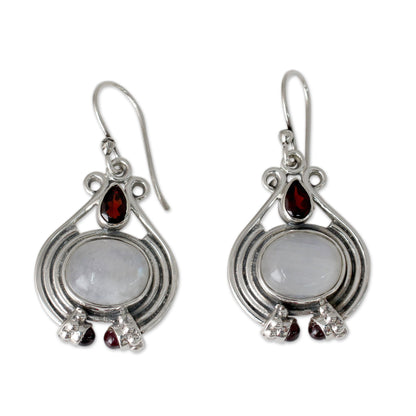 Mysterious Mist Handmade Rainbow Moonstone and Garnet Earrings