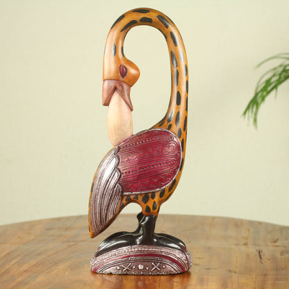 Spotted Sankofa Colorful African Wood Bird Sculpture Hand Carved in Ghana