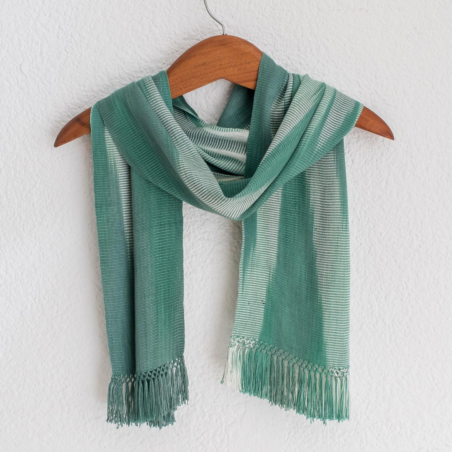 Iridescent Eucalyptus Rayon Chenille Hand Woven Green White Guatemalan Scarf