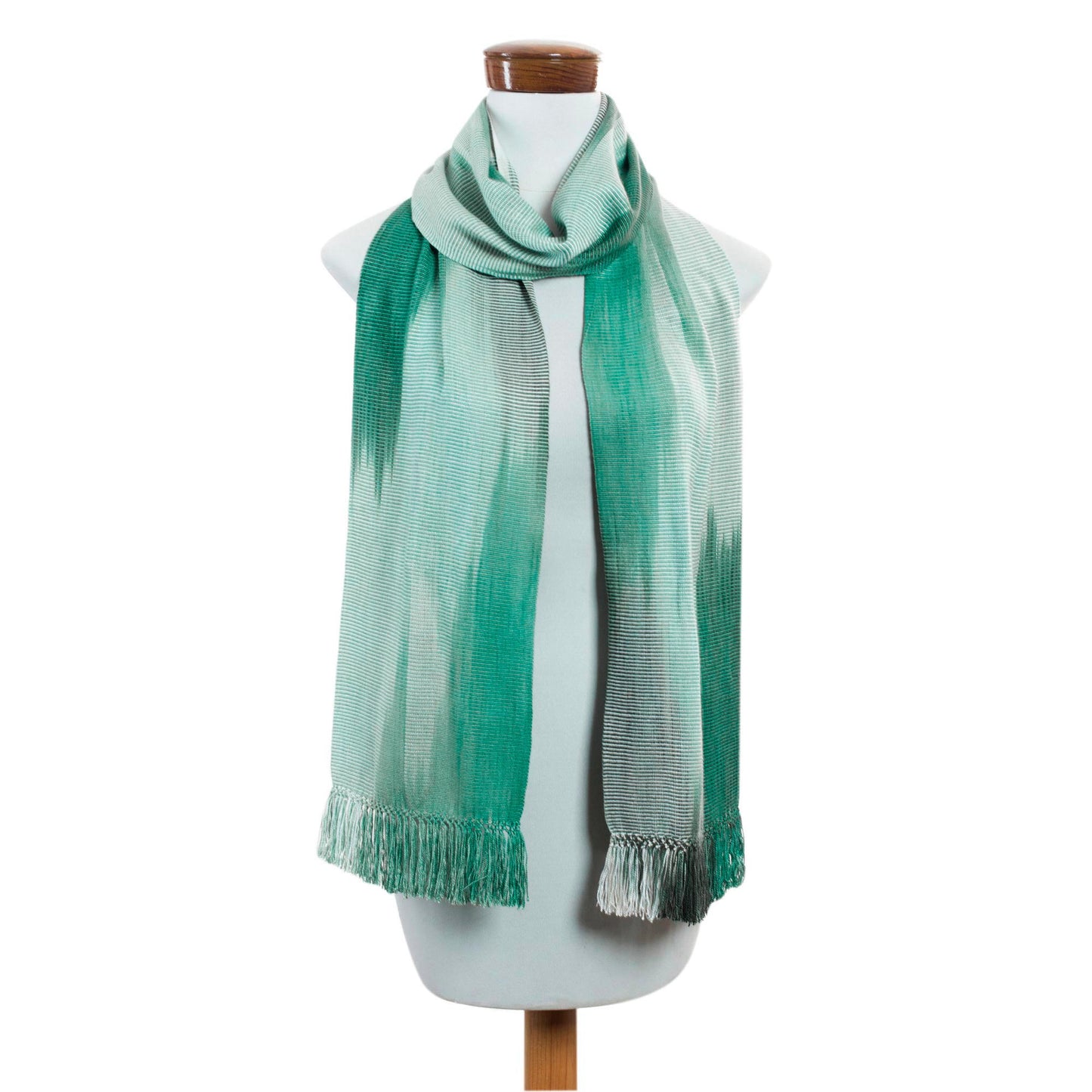 Iridescent Eucalyptus Rayon Chenille Hand Woven Green White Guatemalan Scarf