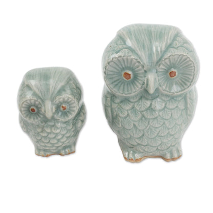 Little Light Blue Owls Hand Made Celadon Ceramic Owl Figurines from Thailand (Pair)