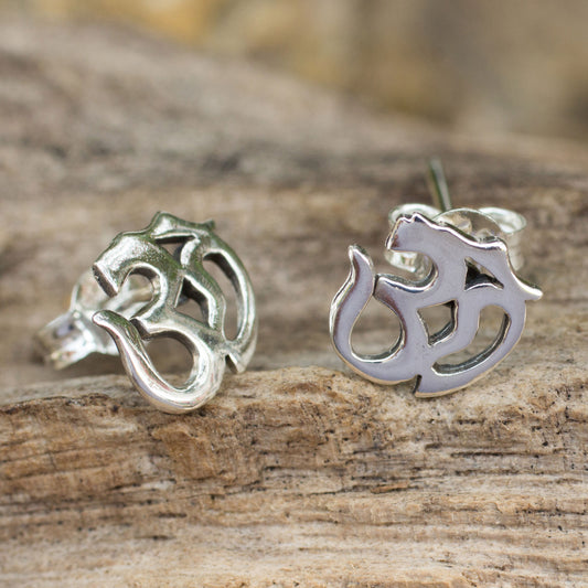 Om Symbol Polished Silver Om Symbol Stud Earrings from Thai Artisan