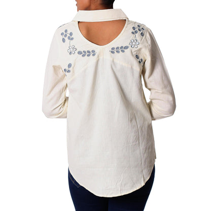 Ivory Relaxation Cotton Viscose Blend Tunic in Ivory Plastic Beads from India