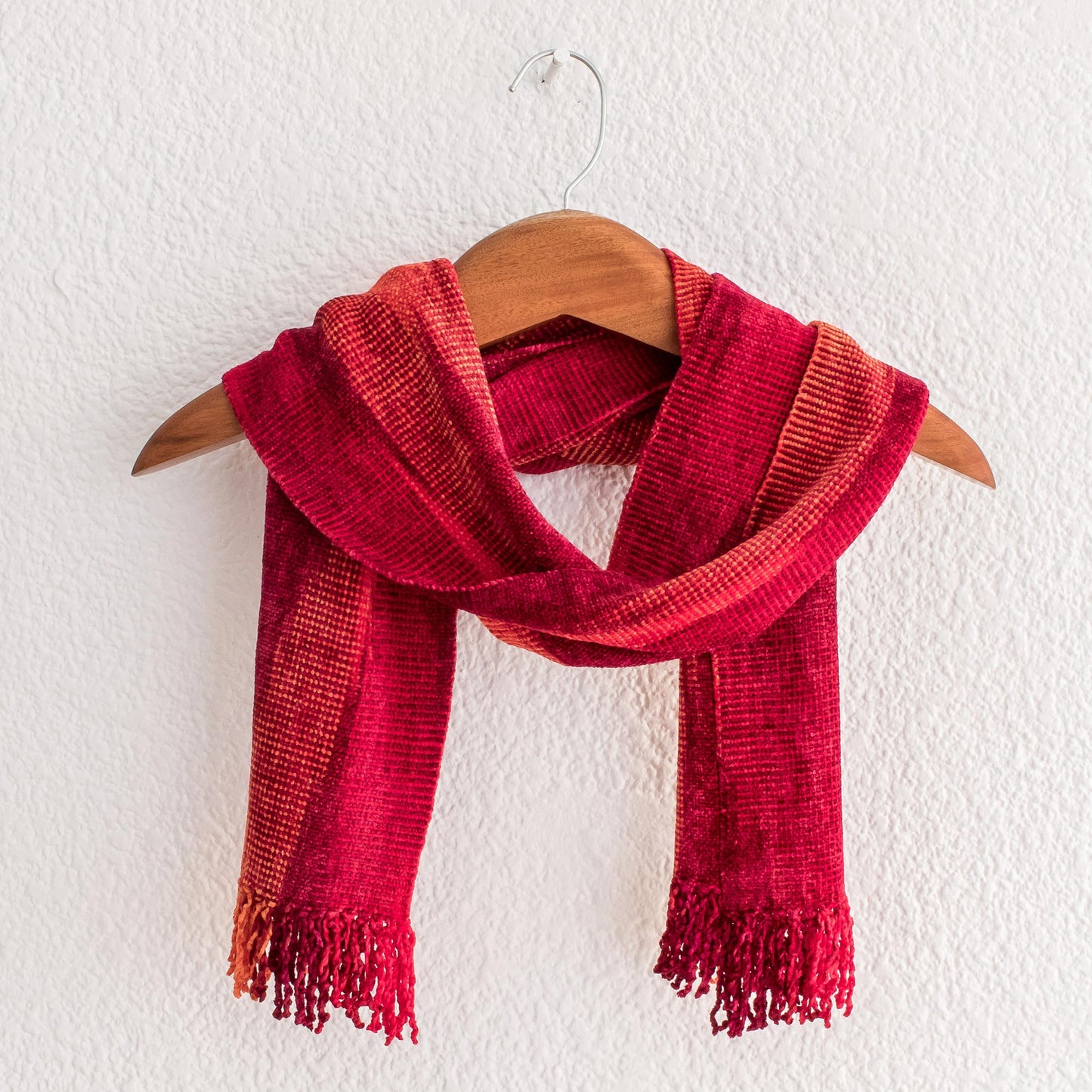 Crimson Embrace Red and Burgundy Handwoven Rayon Chenille Scarf