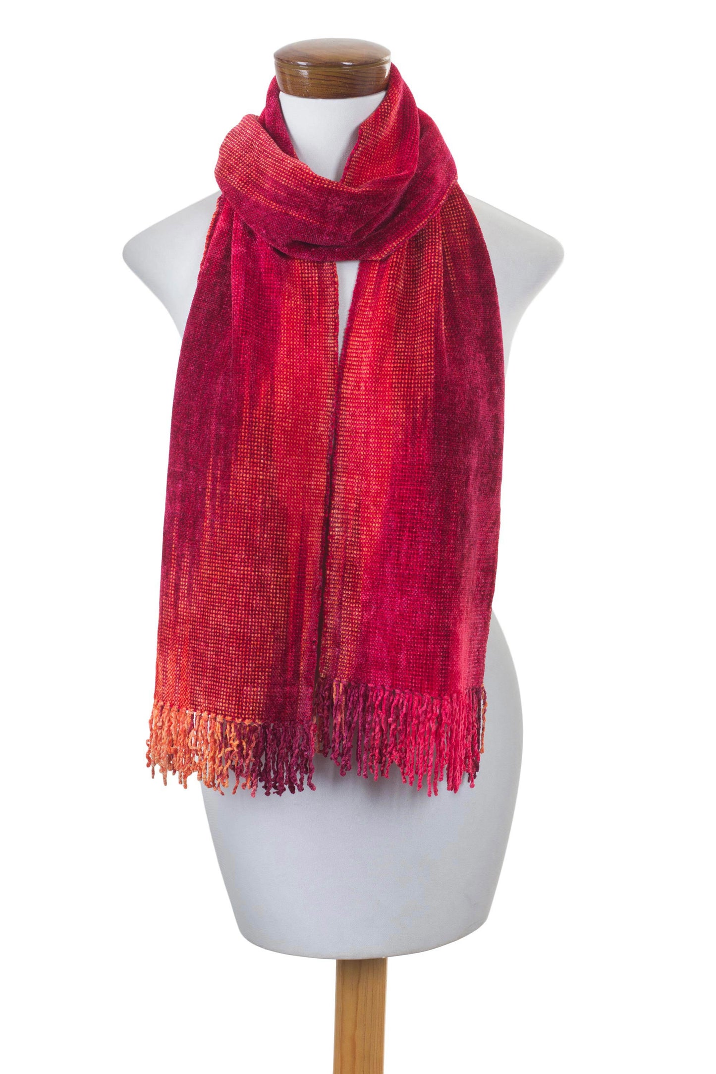 Crimson Embrace Red and Burgundy Handwoven Rayon Chenille Scarf