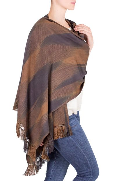 Coffee Rayon Chenille Shawl Hand Woven in Earth Tones