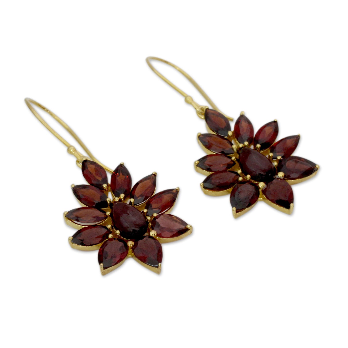 Claret Sunburst Hand Crafted 18k Gold Plated Earrings with Garnets