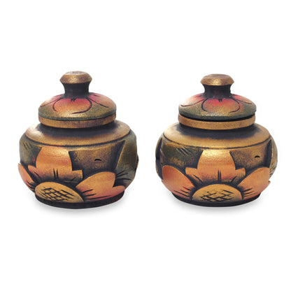 Guwang Treasure Small Handcrafted Decorative Round Wood Boxes (Pair)