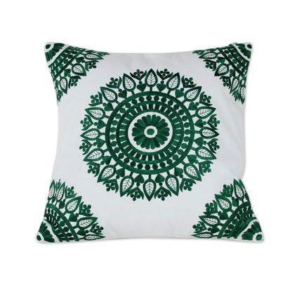 Emerald Delight Green and White Embroidered Cotton Cushion Covers (Pair)