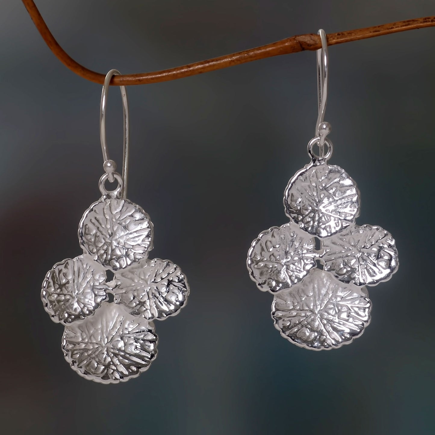 Antanan Leaves Sandblasted Silver Leaf Dangle Earrings Handmade in Bali