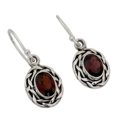 Indian Basket Woven Silver & Garnet Earrings