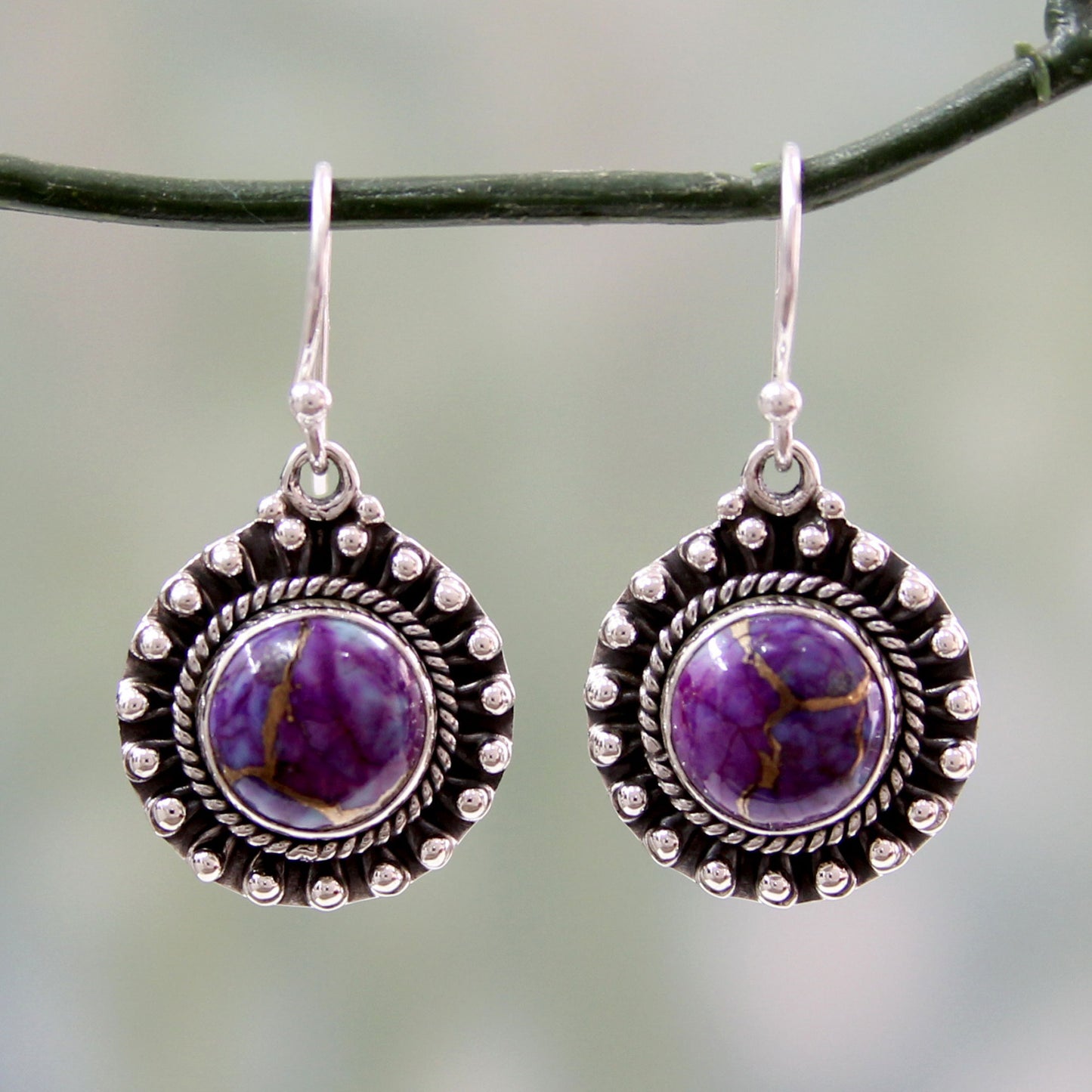 Purple Fire Turquoise & Silver Dangle Earrings