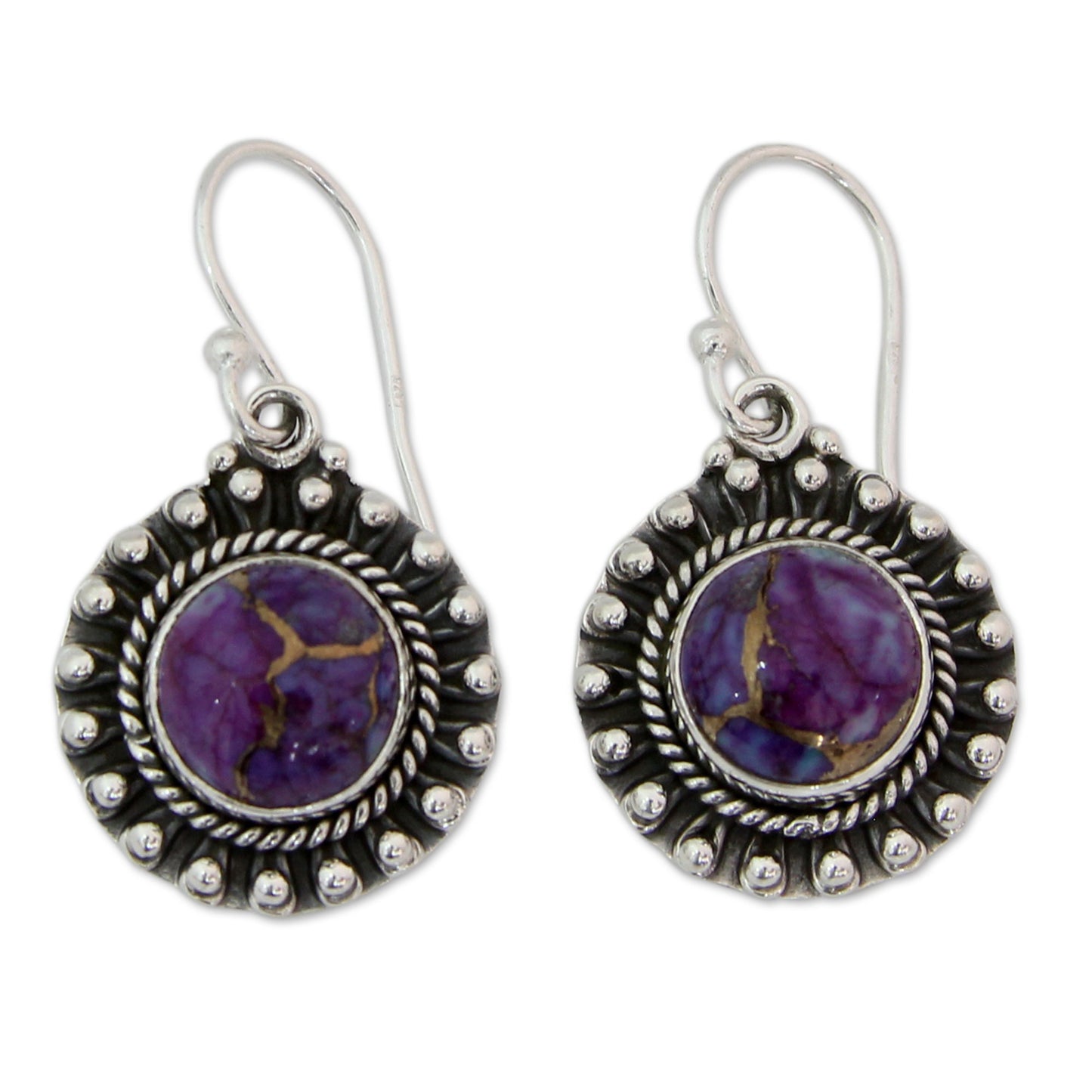 Purple Fire Turquoise & Silver Dangle Earrings