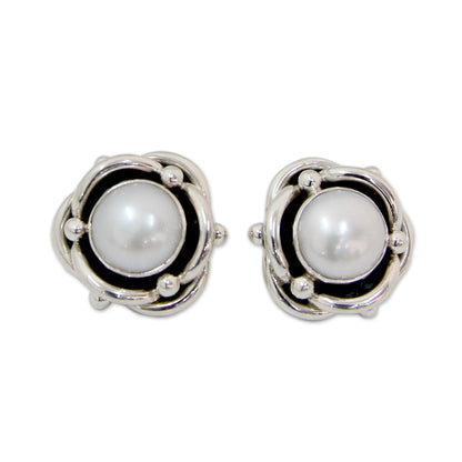 Regal Aura Cultured White Pearl and Sterling Silver Button Earrings